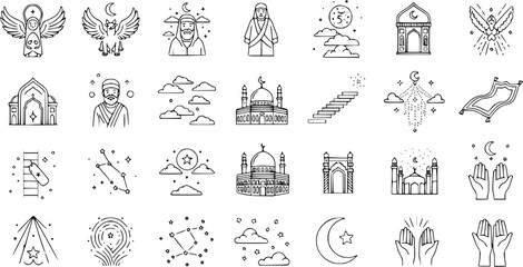 Islamic Spirituality Line Art Icons Set with Mosque, Prayer Hands, Moon, Stars, and Holy Muslim Symbols for Religion and Worship © pixsource