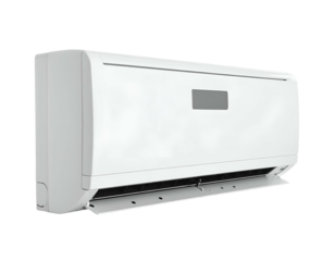 Sleek, white, wall-mounted air conditioning unit against a stark black background