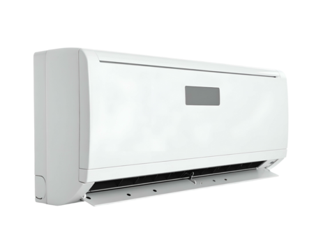 Sleek, white, wall-mounted air conditioning unit against a stark black background