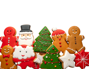 Assorted festive gingerbread cookies, including Santa, trees, and gingerbread people