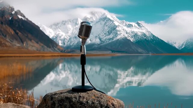 microphone set before glacier lake, microphone gathers crisp alpine breeze, microphone frames epic reflection under clear blue sky. Concept pristine nature recording.
