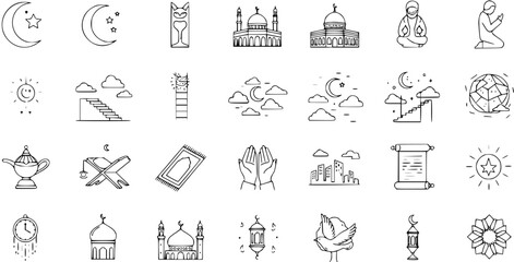 Islamic and Ramadan Line Art Icons Set. Collection of Hand-Drawn Muslim Religious Symbols, Mosques, Prayer Elements, and Holy Month Concepts in Outline Style.