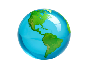 A translucent globe showcasing green landmasses and blue water against black