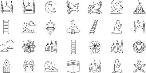 Hand-drawn Islamic line art icons with mosques, crescent moon, stars, Allah calligraphy, praying person, Kaaba, Buraq, and lanterns.