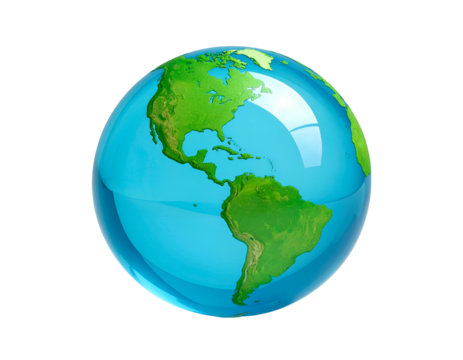 A translucent globe showcasing green landmasses and blue water against black