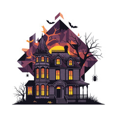 Eerie Victorian Mansion with Bats and Spiders for Halloween.