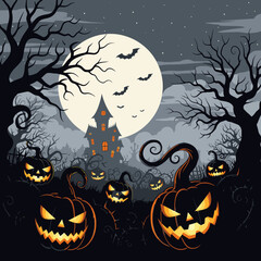 Spooky Halloween Pumpkins and Haunted House Scene.