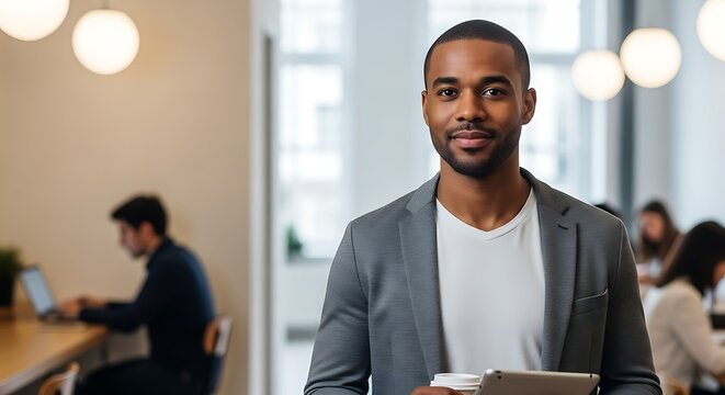 Portrait of a confident young African American businessman holding a tablet and smiling in a modern office.