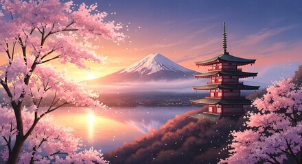 Serene Japanese Landscape with Pagoda and Cherry Blossoms at Sunset