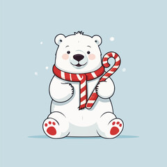 Fototapeta premium Doodle flat vector of polar bear holding candy cane