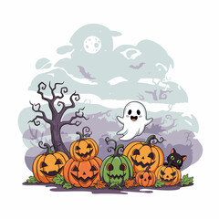 Halloween Scene with Pumpkins Ghost and Black Cat.