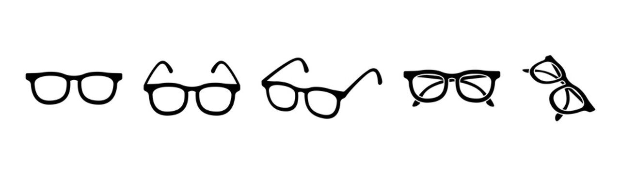 Glasses monochrome icon set. Glasses with temples open and folded.