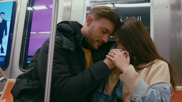 Love glows as young couple kisses inside quiet subway carriage, love softens mechanical ride, love creates secret world amid city motion. Concept city intimacy