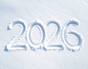 New Year 2026 written in fresh snow, winter holiday concept
