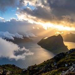 Sun illuminates a mountainous island and fjord, with clouds overhead