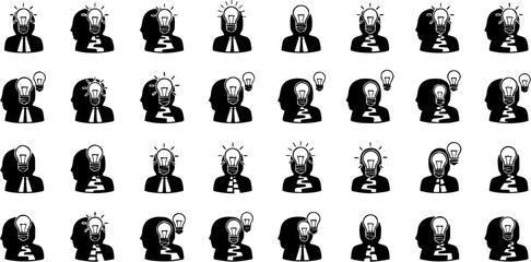 Human Head Silhouettes with Lightbulbs Representing Ideas, Creativity, and Innovation, Featuring Thought Processes, Paths, and Problem-Solving Concepts
