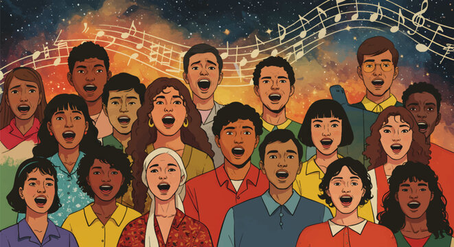 A diverse multicultural choir of people singing together in harmony.