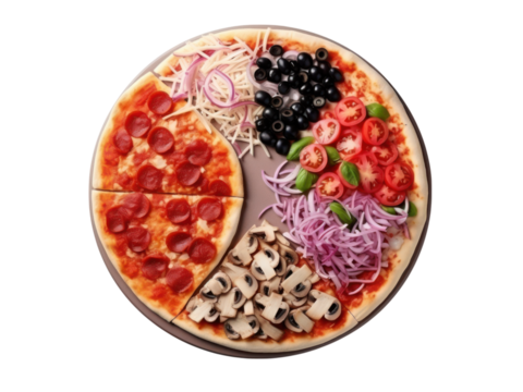 Overhead view of a pizza divided into sections with various toppings including pepperoni olives, Isolated On Transparent Background