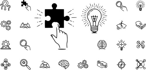 Creative Idea, Problem Solving  Technology Icons. Set features lightbulb, puzzle, gears, brain, magnifying glass, compass, and drone symbols.