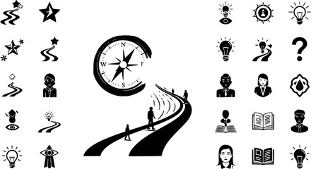Fototapeta premium Vector icon set depicting concepts of guidance, ideas, learning, business, and personal development, including compass, lightbulbs, people, books, and winding paths.