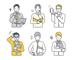 パソコンやタブレット、ファイルを持つ男性ビジネスパーソンのシンプルイメージ イラスト素材