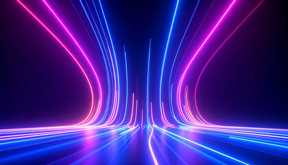 Curved neon light pathways in pink and blue forming a tunnel on a dark reflective floor abstract