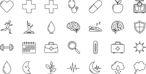 Health, Wellness, and Medical Outline Icons Set. Includes symbols for heart, fitness, nutrition, brain, sleep, medical equipment, and healthy lifestyle elements.