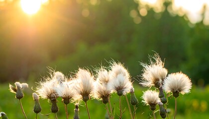 Sunlight bathes fluffy seed heads in a field, creating a warm, inviting scene