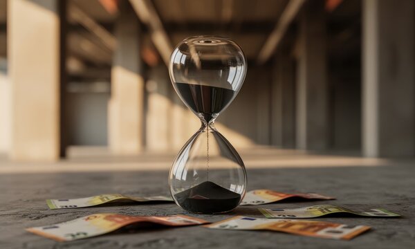 Modern glass hourglass with black sand flowing on concrete, surrounded by scattered euro banknotes