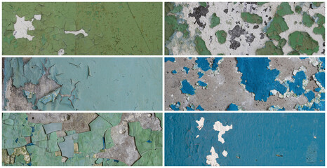 Set of peeling paint textures. Old concrete walls with cracked flaking paint. Weathered rough painted surfaces with patterns of cracks and peeling. Collection of panoramic backgrounds for design.