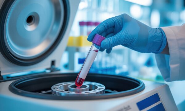 Scientist gloved hand placing a blood sample tube into a medical laboratory centrifuge for analysis