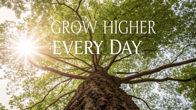 Inspirational Tree with Sunlight and Motivational Quote Encouraging Growth Higher and Achieving New Heights Every Day - Powered by Adobe
