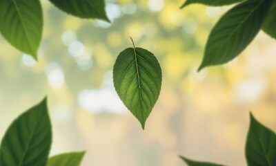 Fototapeta premium Vibrant green leaf floating in the center with blurred natural background and framing leaves