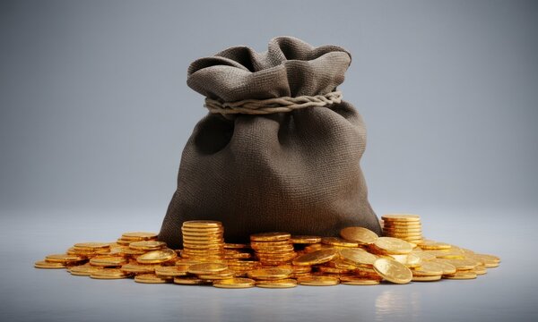 Large dark brown canvas money bag overflowing with shiny gold coins on a gray background.
