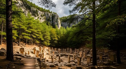 Ancient Stone Ruins Nestled in a Verdant Forest Canyon