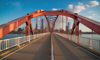 Obraz premium Vibrant red steel truss bridge spanning a river towards a modern city skyline at sunset