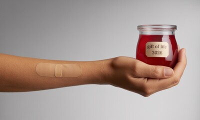 Human arm with band aid holding a gift of life 2026 jar, symbolizing donation and future hope
