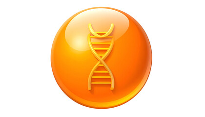 A shiny, orange sphere with a golden DNA helix icon inside, on a black background