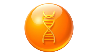 A shiny, orange sphere with a golden DNA helix icon inside, on a black background