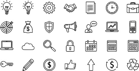 Comprehensive Business and Finance Vector Line Icons Set. Collection of Outline Symbols for Technology, Marketing, Communication, Office Management, and Strategy Concepts.