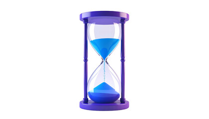A blue and purple hourglass with sand flowing through, isolated on a black background