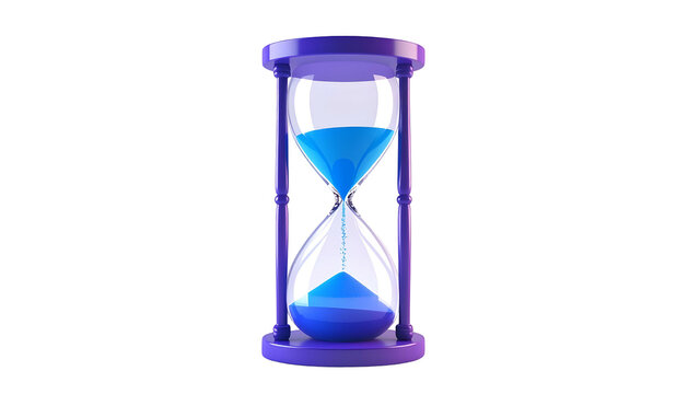 A blue and purple hourglass with sand flowing through, isolated on a black background