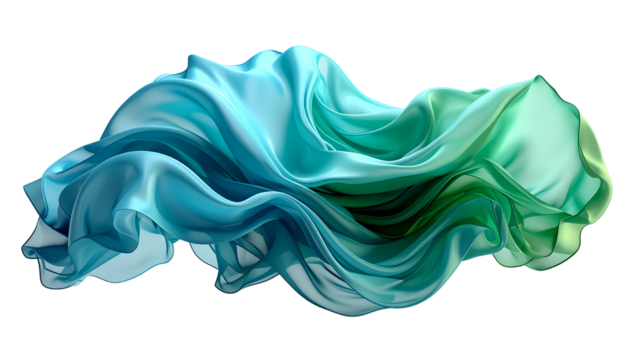 Flowing, translucent fabric in shades of blue and green against a stark black background