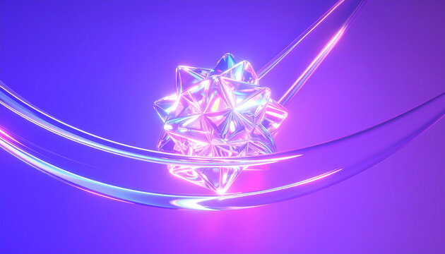 Geometric Crystal Starburst Surrounded by Neon Pink and Blue Fluid Ribbons image photo
