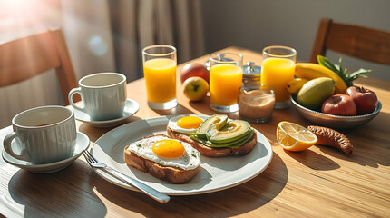 cozy breakfast scene with eggs, toast, and fresh juice arranged beautifully on a wooden table with warm morning sunlight. Perfect for promoting healthy lifestyle and morning energy.