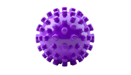 A 3D rendered, glossy, purple spherical object with protruding spikes, isolated on black