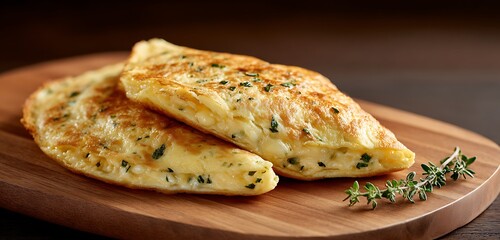 A fluffy omelet filled with cheese and herbs, served on a wooden board with a gentle, warm light highlighting its texture
