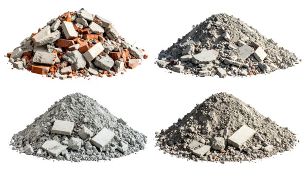 Four piles of construction debris, varying colors and textures, against a black background