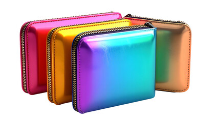 Array of vibrant, metallic zippered wallets with various color gradients