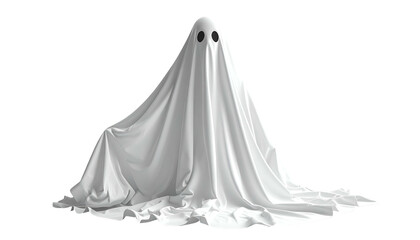 Classic Halloween figure of a shrouded ghost with two black eye-holes, seemingly floating